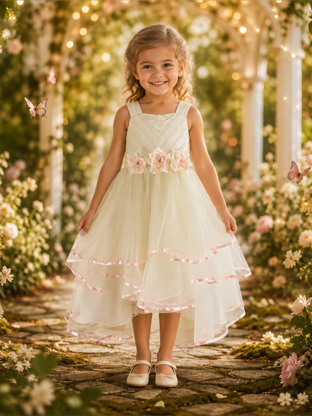 Rare Editions Girls 4T Ivory Pink Floral High-Low Formal Dress EUC
